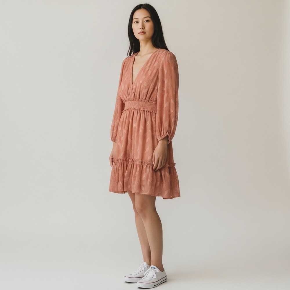 Lush Mini Dress Womens S Rose Pink DR96178-FCI Excellent Smocked Leaf Jacquard